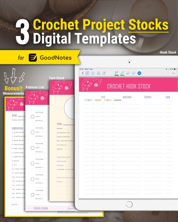 3 CROCHET Project STOCKS Templates for Goodnotes + BONUS / Crochet Project Hook Stock, Crochet Project Yarn Stock, Crochet Project Patterns