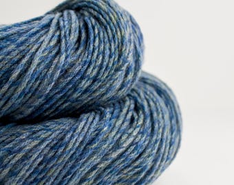 Reclaimed Handspun Hand Dyed Yarn | Aludra Wool Cashmere Blend Sport Weight | Barberpole Blue, Green, Faded Yellow | OOAK