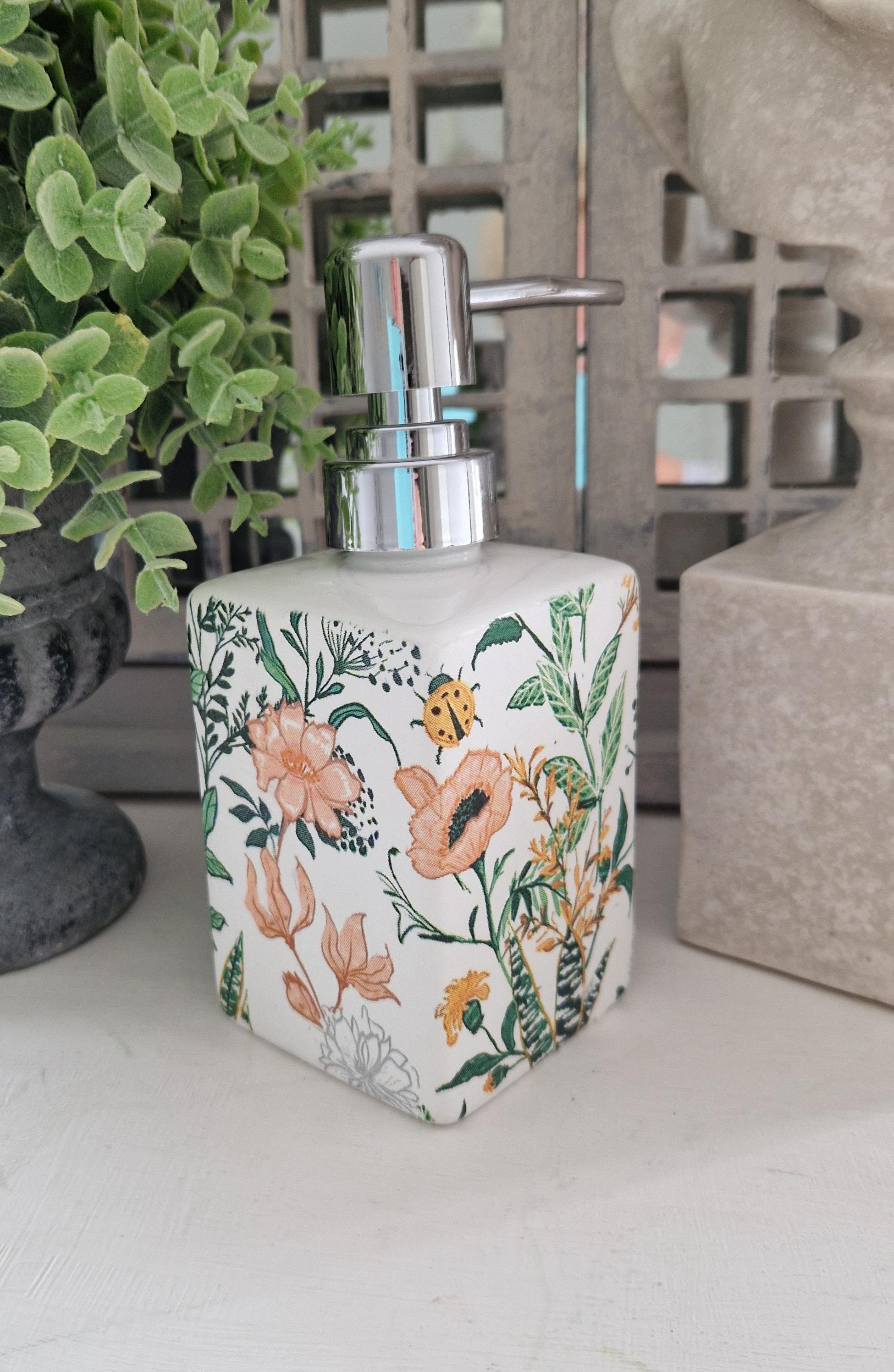 Lovely Peach Floral Decoupaged Ceramic Soap Dispenser. Hand Decorated.