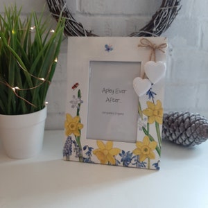 Beautiful Spring Meadow Distressed Photo Frame With Two Little Wooden Hanging Hearts.Country. Shabby Chic.Hand Decorated.