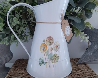 Beautiful Rustic/Shabby Chic Dandelion Tin Pitcher Jug. Countrystyle Decor.