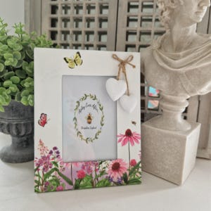 Beautiful Pink Floral Meadow Distressed Photo Frame With Two Little Wooden Hanging Hearts.Country. Shabby Chic.Hand Decorated.
