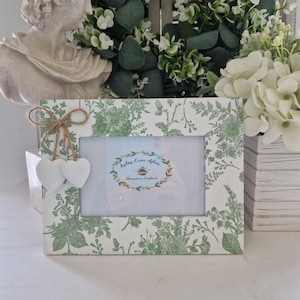Beautiful Green Toile Floral Distressed Photo Frame With Two Little Wooden Hanging Hearts.Country. Shabby Chic.Hand Decorated.