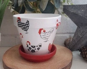 Supercute Chicken/Hen Decoupaged Terracotta Plant Pot. Available In Two Sizes.