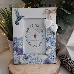 Beautiful Humming Bird Distressed Photo Frame With Two Little Wooden Hanging Hearts.Country. Shabby Chic.Hand Decorated.