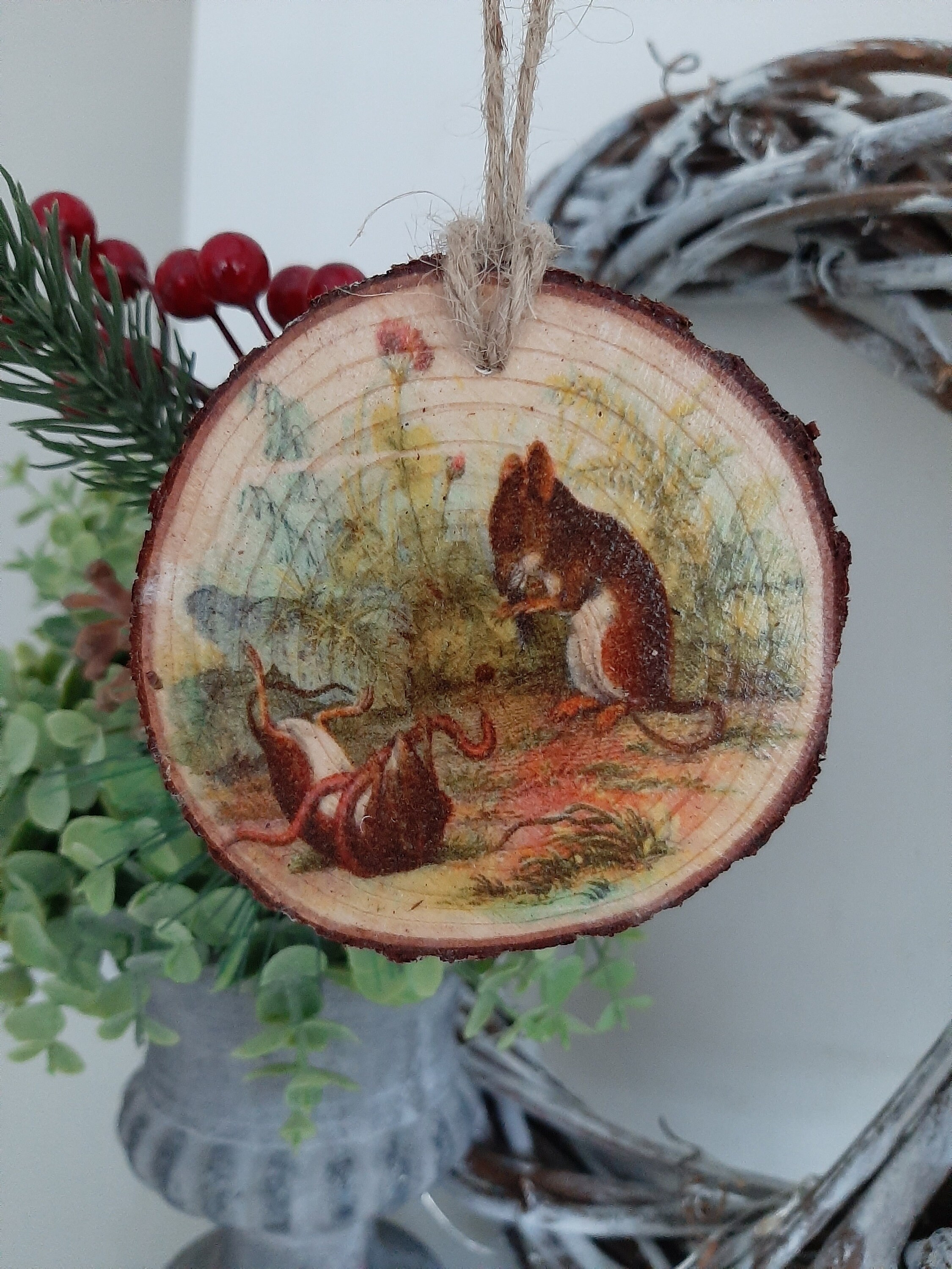 Hand painted field mouse with berry on wood slice ornament