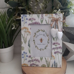 Beautiful Decoupaged Floral Meadow Distressed Photo Frame With Two Little Wooden Hanging Hearts.Country. Shabby Chic.Hand Decorated.