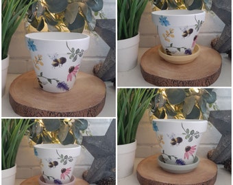 Beautiful Floral And Bees Decoupaged Terracotta Plant Pot. Two Sizes Available.