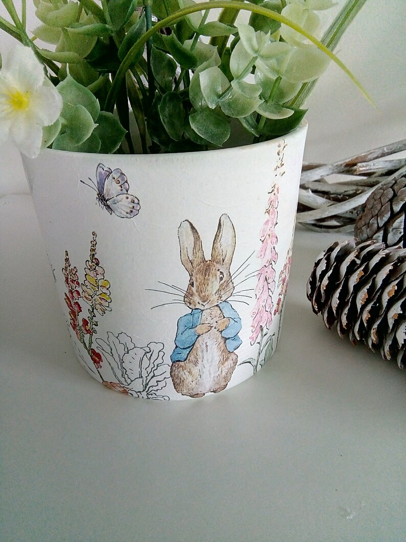 Peter Rabbit Decoupaged Ceramic Flower Pot.