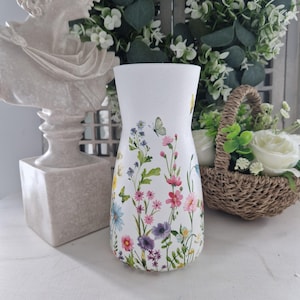 Beautiful Floral Meadow Decoupaged  Glass Vase.