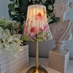 Beautiful Decoupaged Pink Floral Meadow Indoor/Outdoor USB  Rechargeable Table Lamp. Cordless Lamp.Hand Decorated. Four Base Colours.