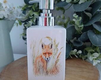Beautiful Watercolour Fox Design Ceramic Soap Dispenser. Country Decor.Hand Decorated.