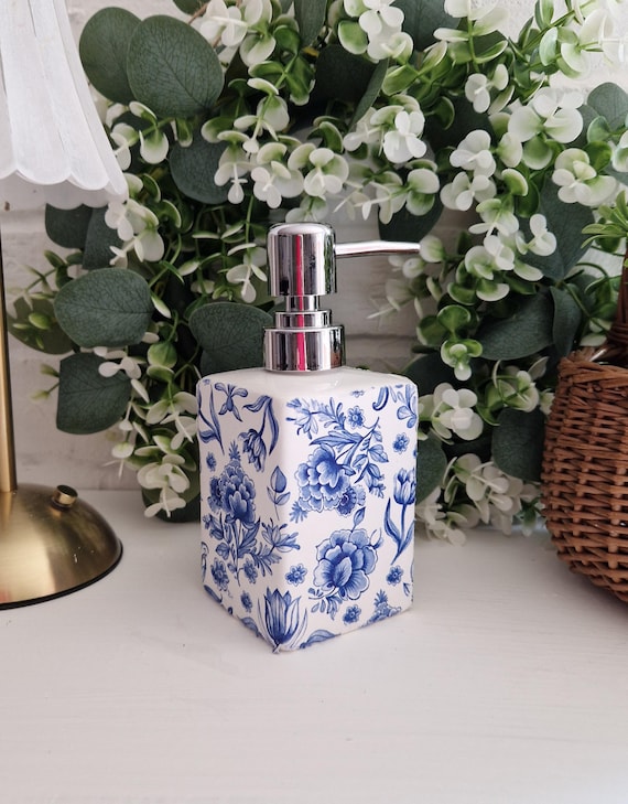Lovely Blue Toile Decoupaged Ceramic Soap Dispenser.Hand Decorated.