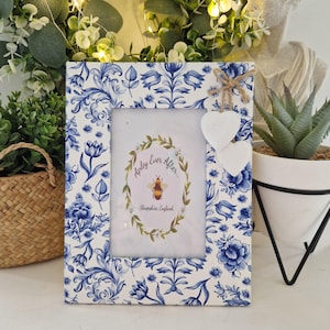 Beautiful Blue Toile Floral Distressed Photo Frame With Two Little Wooden Hanging Hearts.Country. Shabby Chic.Hand Decorated.