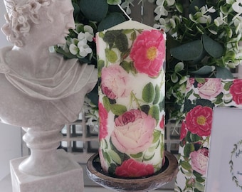 Beautiful Vintage  Pink Roses Wax or Flameless Pillar Candles.