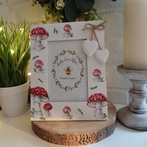 Beautiful Mushroom/Toadstool Distressed Photo Frame With Two Little Wooden Hanging Hearts.Country. Shabby Chic. Matching Items Available.