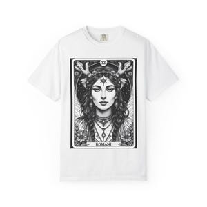 T-shirt fille gitane carte de tarot, t-shirt graphique, t-shirt unisexe, chemise teinte en pièce, haut bohème pour homme femme