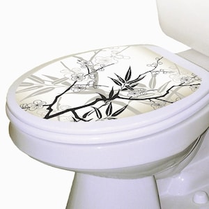 Cherry Blossoms Toilet Tattoos Seat Cover / Decorative Seat Decal / Cling Sticker / Floral Lid Cover / Asian Bathroom Decor / Bamboo Leaves