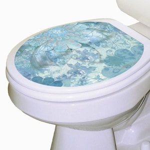 Contemporary Blue Toilet Tattoos / Decorative Seat Cover / Vinyl Cling Decal/ Static Lid Sticker / Boho Bathroom Décor / Abstract Floral Art