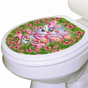 Pink Flamingo's Toilet Tattoos / Decorative Toilet Seat Cover / Lid Cover / Vinyl Toilet Seat Decal / Coastal Bathroom  / Tropical Flowers