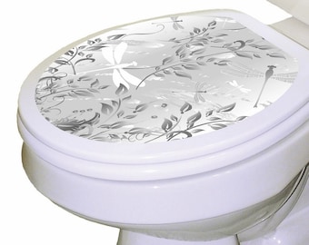 Dragonfly Toilet Tattoos Seat Cover / Decorative Decal / Vinyl Static Sticker / Lid Cover / Gray Seat Decal / Floral Boho Bathroom Accessory