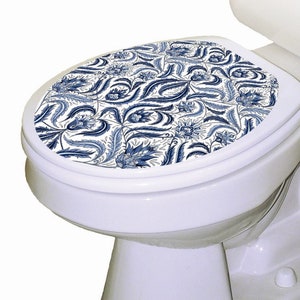 Blue Damask Toilet Seat Decal: Removable Vinyl Static Cling