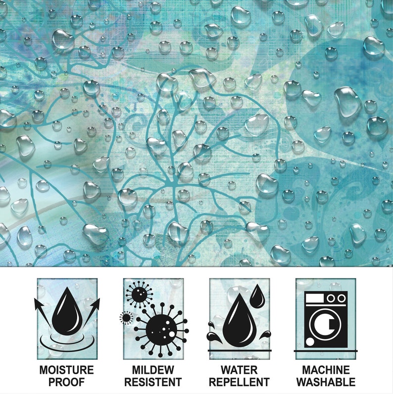 May include: Four icons with white backgrounds and black outlines. The first icon shows a black drop of water with two arrows pointing upwards, and the text "Moisture Proof". The second icon shows a black virus with the text "Mildew Resistant". The third icon shows a black drop of water with the text "Water Repellent". The fourth icon shows a black washing machine with the text "Machine Washable".