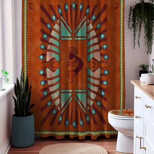 May include: A shower curtain with a Native American inspired design. The curtain features a brown background with a turquoise and white geometric pattern. A stylized figure of a Native American dancer is in the center of the pattern.