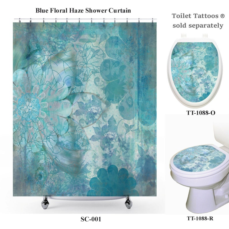 May include: Blue floral shower curtain with a white background and a teal floral design. The shower curtain is on a white tiled floor. The text "SC-001" is printed below the shower curtain. The text "Toilet Tattoos &reg; sold separately" is printed in the top right corner of the image. The text "TT-1088-O" is printed below a white toilet bowl with a blue floral design. The text "TT-1088-R" is printed below a white toilet seat with a blue floral design.