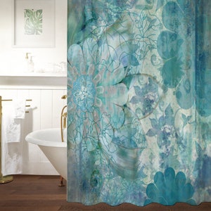 May include: A teal blue shower curtain with a floral pattern. The design features large, stylized flowers with intricate details and a faded, watercolor effect.