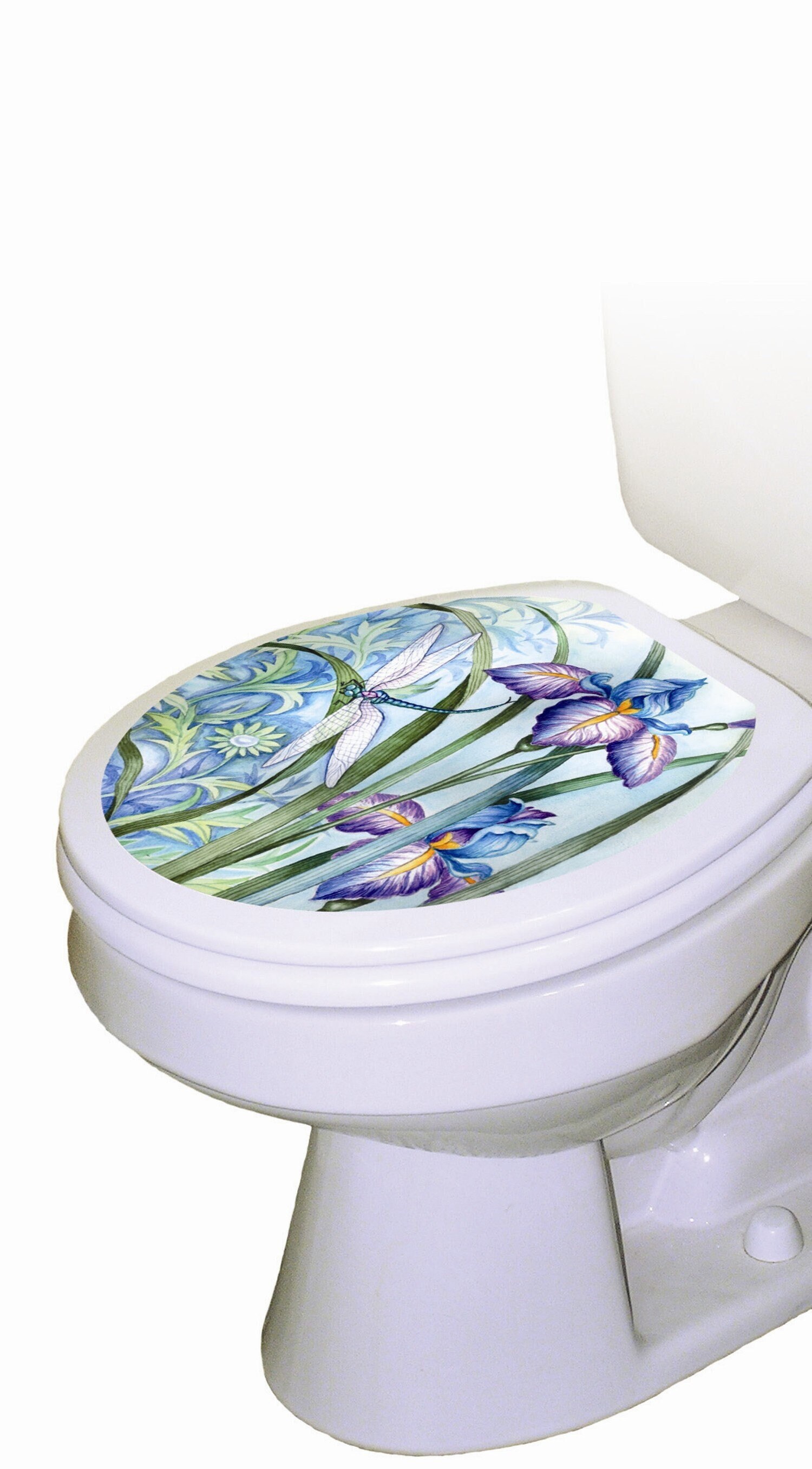 Purple Iris Toilet Tattoos Seat Cover / Decorative Floral Lid Decal / Botanical Bathroom / Blue Dragonfly / Boho Vinyl Static Cling Sticker - Australia