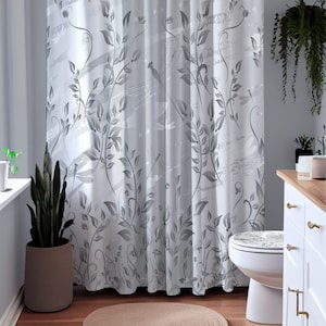 Dragonflies Shower Curtain – Gray Botanical Design – 72x72 Waterproof Polyester – Machine Washable – Designer Bathroom Decor