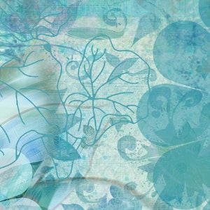 May include: Abstract digital art featuring a blue and white background with a layered design of leaves and swirls.