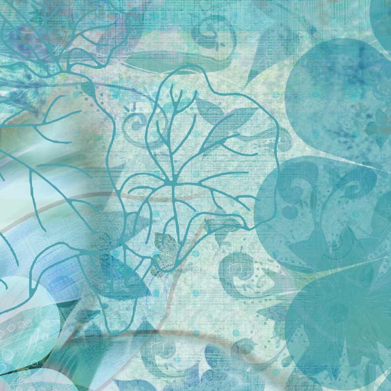May include: Abstract digital art featuring a blue and white background with a layered design of leaves and swirls.
