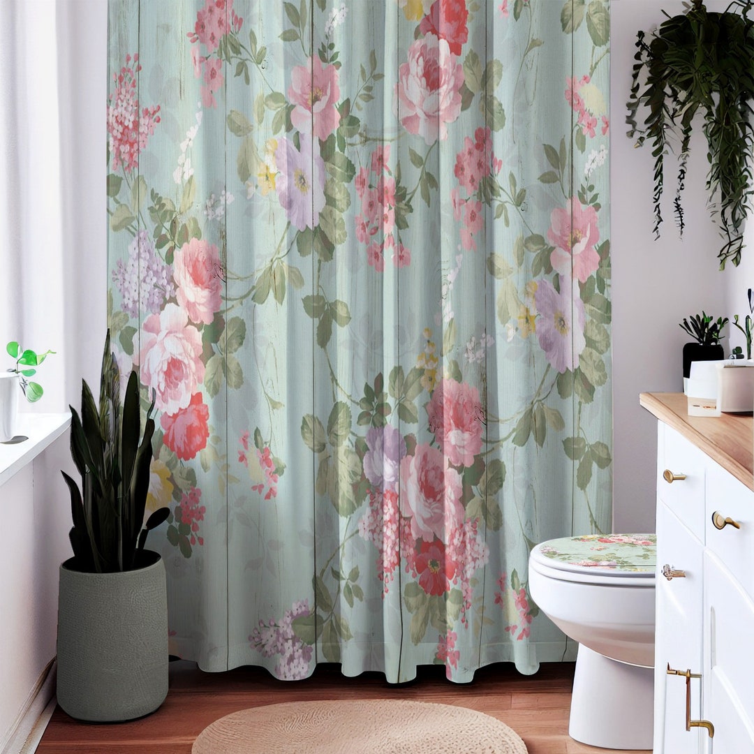 Shiplap Wood Floral Shower Curtain for a Shabby Chic Bathroom Etsy