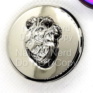May include: A silver-colored round button with a raised, detailed anatomical heart design.