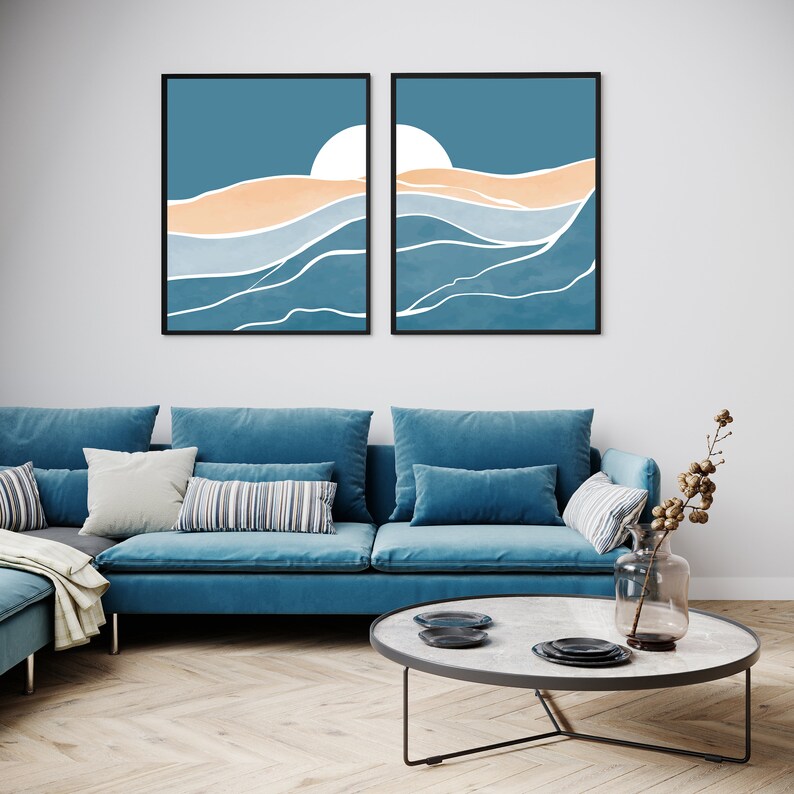 Boho Landscape Wall Art Blue Mountain Print Sun Desert Etsy