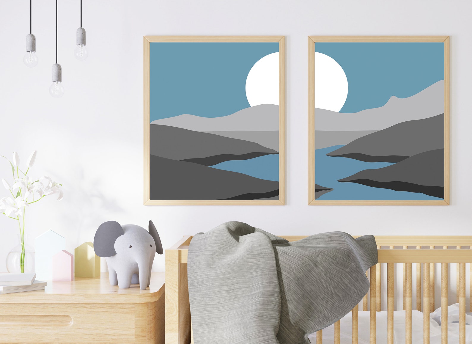 Boho Landscape Wall Art Blue Mountain Print Sun Desert Etsy