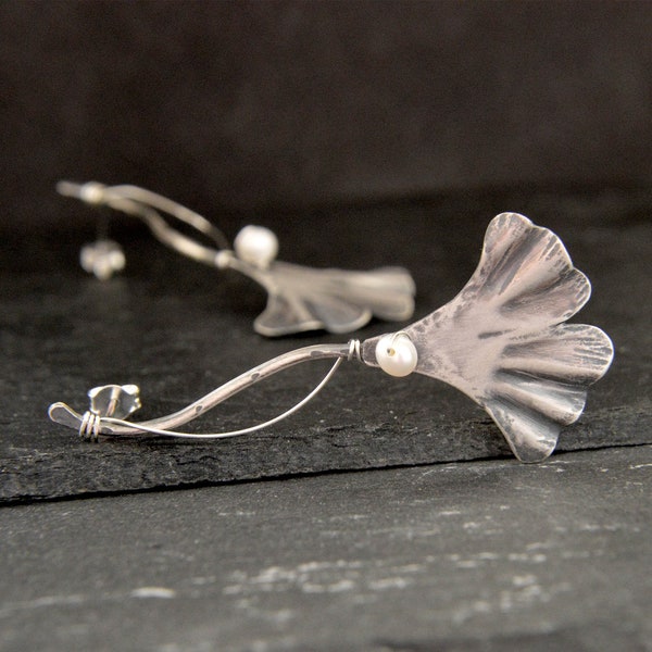 Gingko Earrings, Long Leaf Earrings, Dainty Pearl Earrings, 60th Birthday Gifts For Women, Sophisticated Jewel, Fine Jewelry Unusual