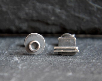 Oxidized Silver Square Earrings, Mens Post Earrings, Brutalist Earrings, Mismatched Tiny Earrings, Round Textured Earrings, Greek Designer