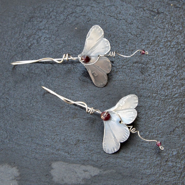 Moth Earrings, Sterling Vintage Garnet Earrings, Butterfly Wing Earrings, Hammered Metal Dangle Earrings, Fine Jewelry Unusual