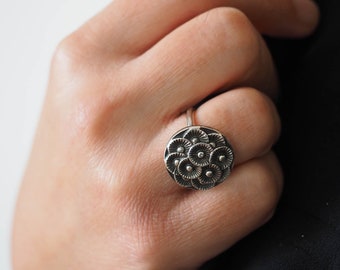 Artistic Ring, Byzantine Ring, Designer Buttons, Rustic Sterling Ring, 60th Birthday Gifts For Women, Repurposed Designer Jewelry