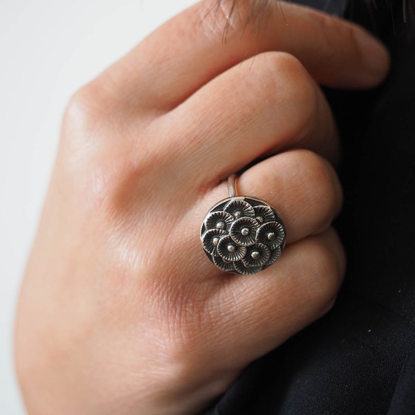 Artistic Ring, Byzantine Ring, Designer Buttons, Rustic Sterling Ring, 60th Birthday Gifts For Women, Repurposed Designer Jewelry