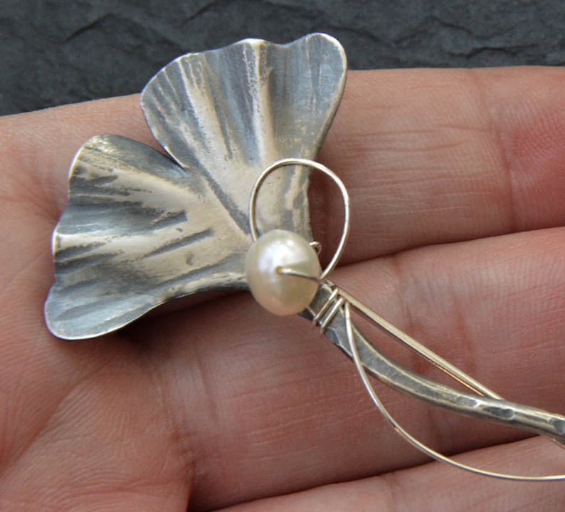 Broche de Ginkgo, joyería de hoja de Gingko, alfiler de chal de plata grande, broche de perlas de plata de ley, regalos de cumpleaños número 60 para mujeres imagen 5