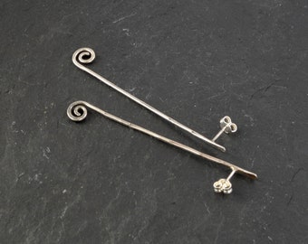 Ancient Greek Earrings, Modernist Sterling Earrings, Sterling Silver Bar Stud Earrings, Spiral Stud Earrings, Hammered Swirl Earrings