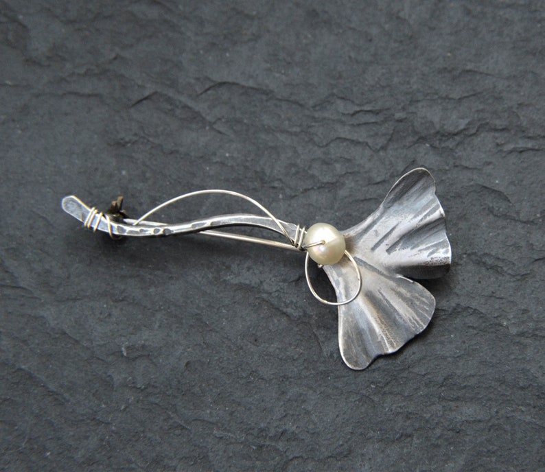 Broche ginkgo, bijoux feuille de gingko, grande épingle de châle en argent, broche perle en argent sterling, cadeaux du 60e anniversaire pour femme image 6