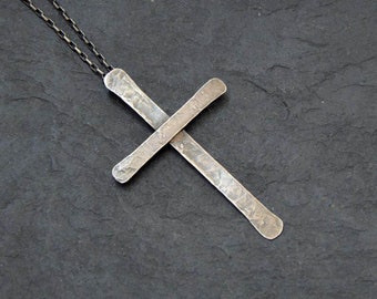 Hammered Silver Cross Necklace, Modern Crucifix, Large Silver Cross Pendant, Sterling Silver Crucifix Pendant, Christian Necklace For Men