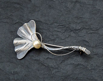 Ginkgo Brooch, Gingko Leaf Jewelry, Large Silver Shawl Pin, Sterling Silver Pearl Brooch, 60th Birthday Gifts For Women