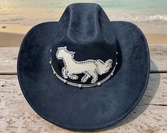 Hand painted and delicate crafted Western Suede Cowboy Hat for Women Men Wide Brim Classic Cowboy Cowgirl Hat with unique design. navy blue