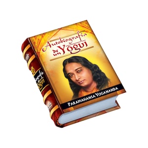 Pode incluir: Um livro amarelo e vermelho com o título "Autobiografía de un Yogi" e o nome do autor "Paramahansa Yogananda" na capa. O livro apresenta um retrato de um homem com cabelo escuro e uma camisa branca.
